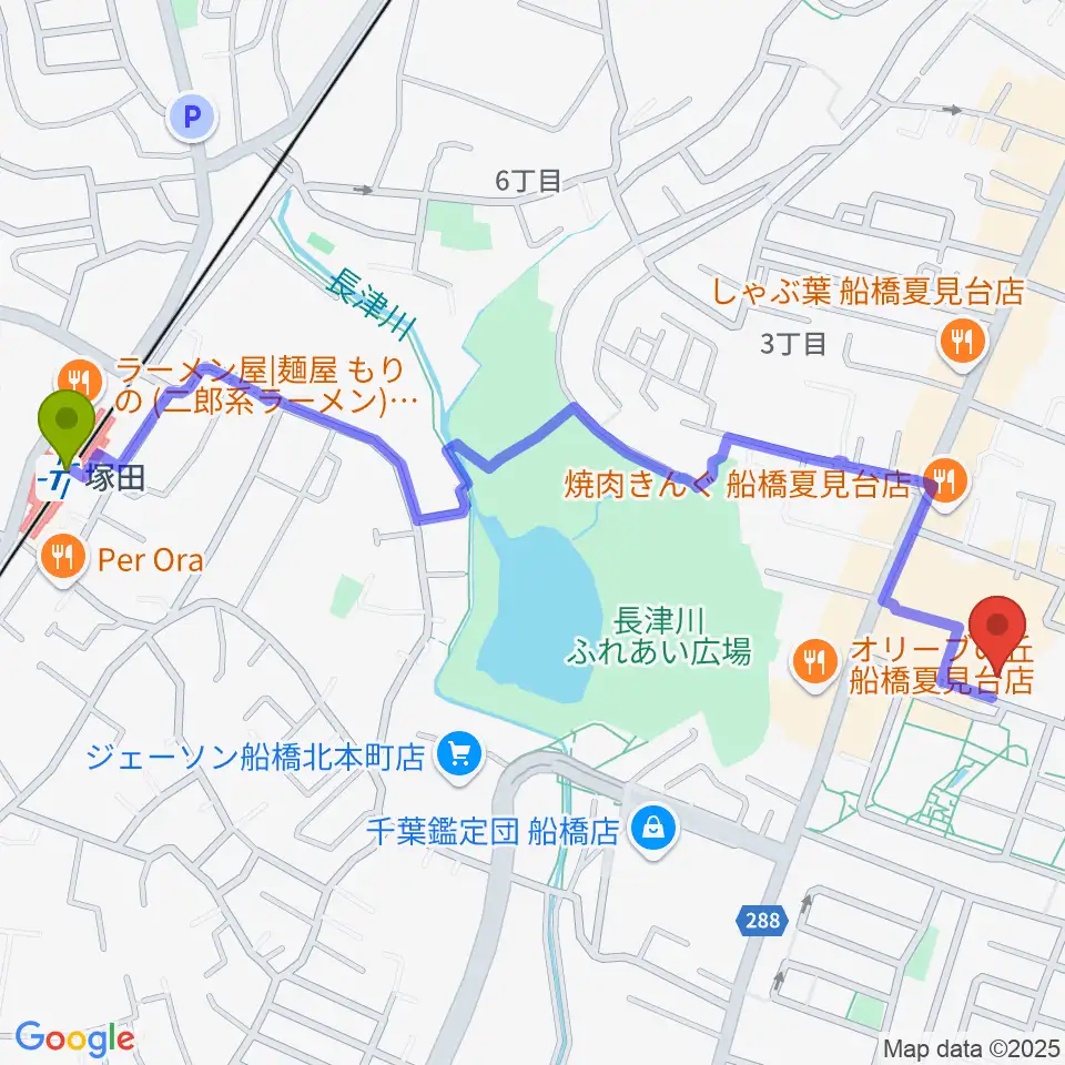 堀之内ピアノ調律事務所の最寄駅塚田駅からの徒歩ルート（約14分）地図