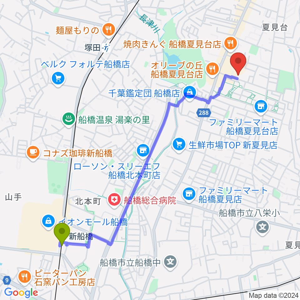 新船橋駅から堀之内ピアノ調律事務所へのルートマップ地図