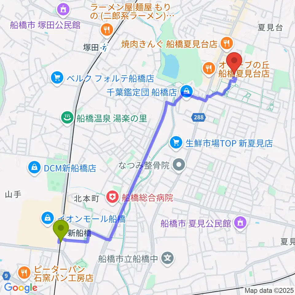 新船橋駅から堀之内ピアノ調律事務所へのルートマップ地図
