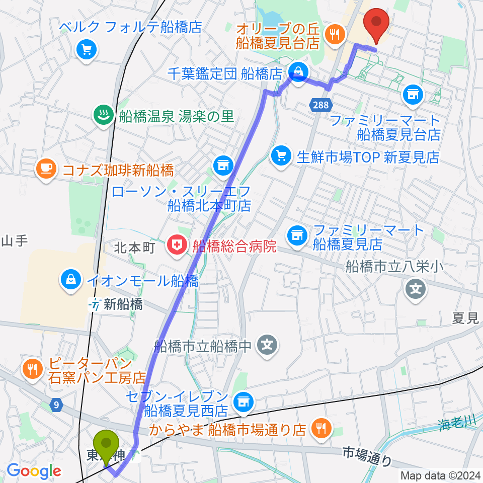 東海神駅から堀之内ピアノ調律事務所へのルートマップ地図