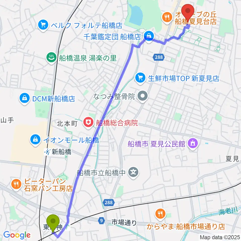 東海神駅から堀之内ピアノ調律事務所へのルートマップ地図