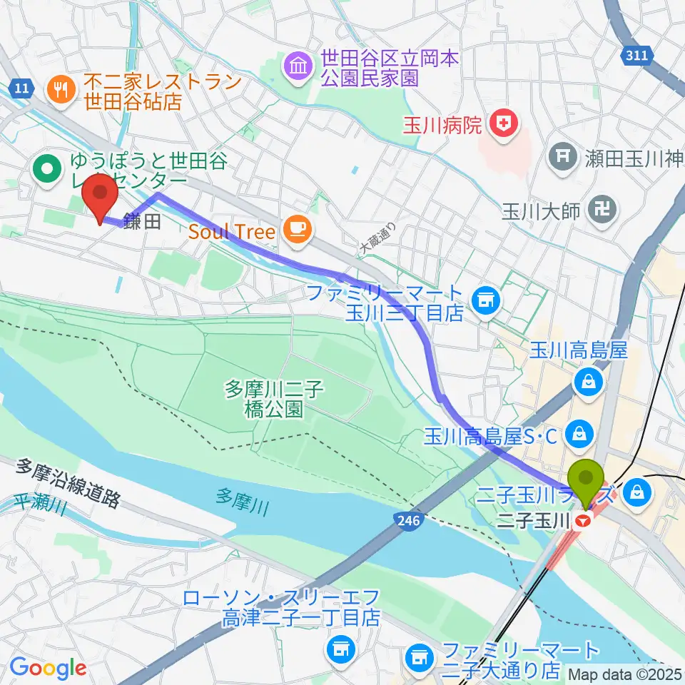スタジオサウンドダリの最寄駅二子玉川駅からの徒歩ルート（約26分）地図