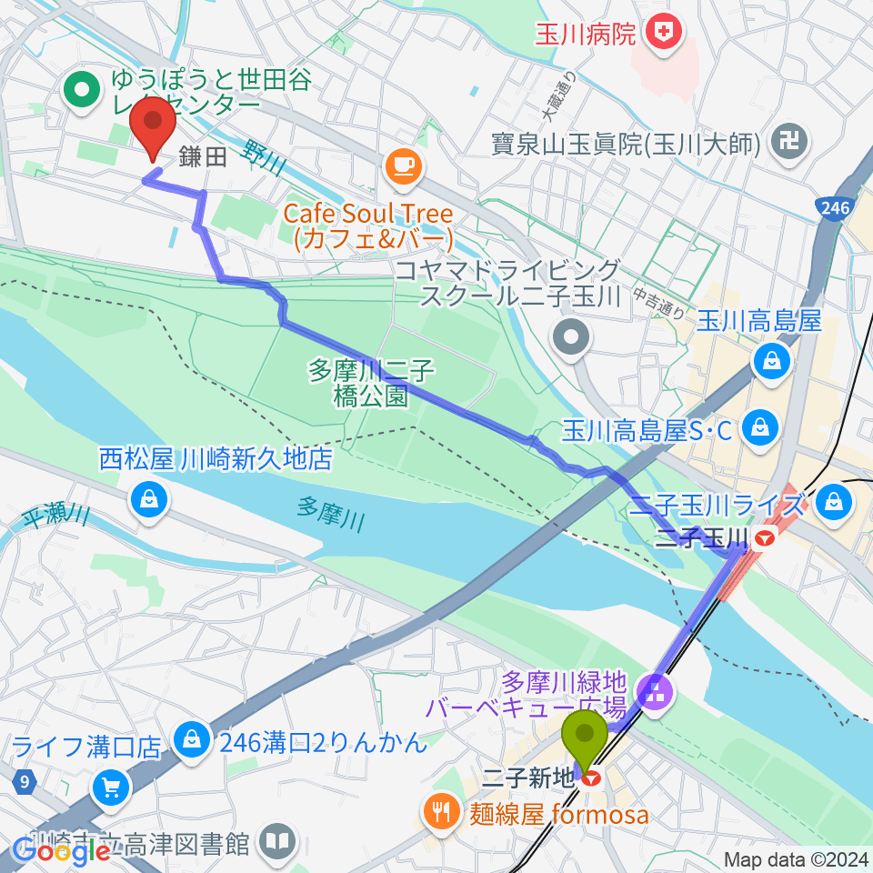 二子新地駅からスタジオサウンドダリへのルートマップ地図