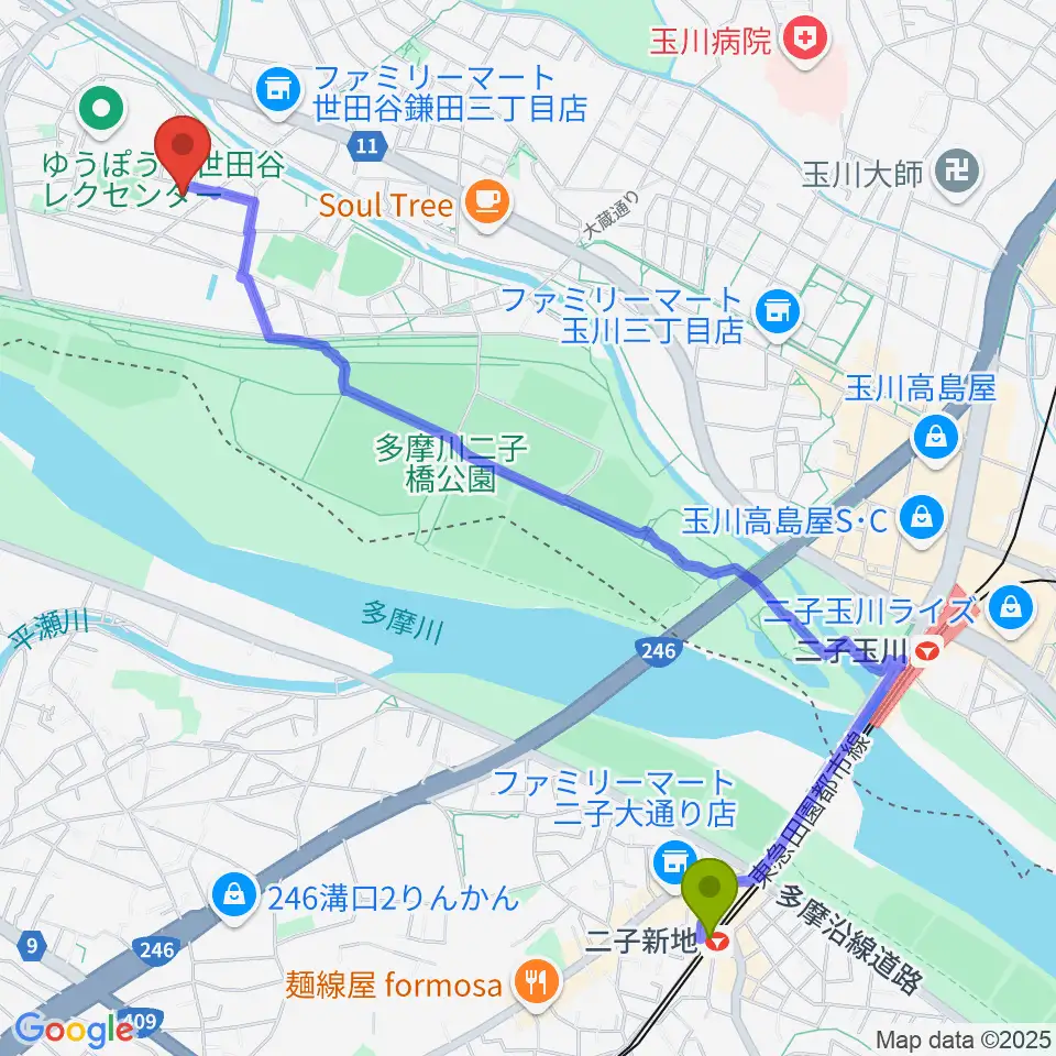 二子新地駅からスタジオサウンドダリへのルートマップ地図