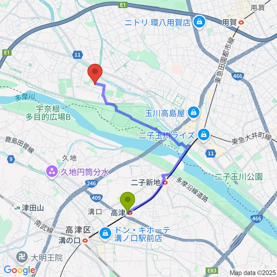 高津駅からスタジオサウンドダリへのルートマップ地図
