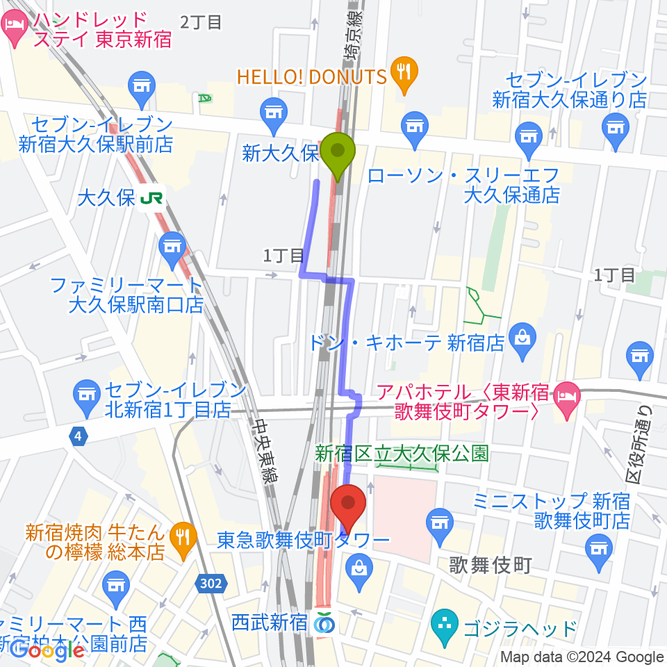新大久保駅からスタジオミュージックシティへのルートマップ地図