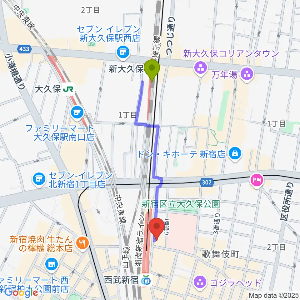 新大久保駅からスタジオミュージックシティへのルートマップ地図