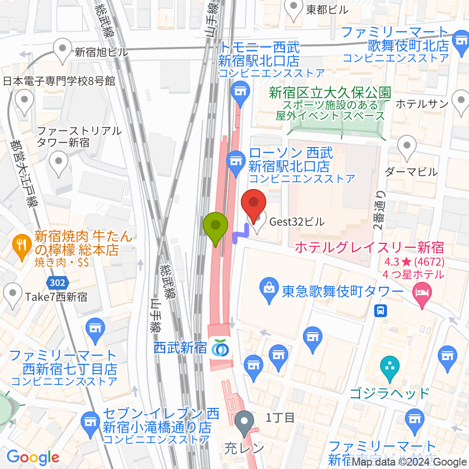 スタジオミュージックシティの最寄駅西武新宿駅からの徒歩ルート（約1分）地図