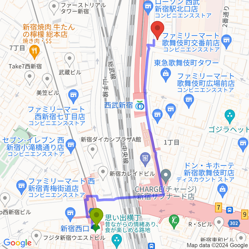 新宿西口駅からスタジオミュージックシティへのルートマップ地図
