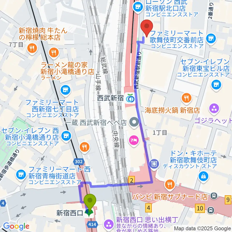 新宿西口駅からスタジオミュージックシティへのルートマップ地図