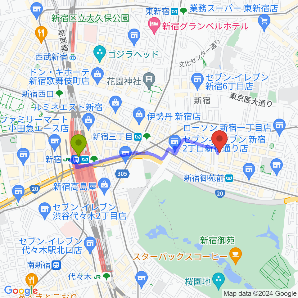 新宿駅から御苑音楽スタジオへのルートマップ地図