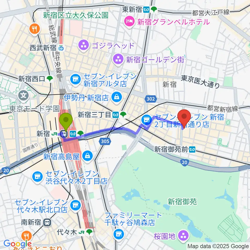 新宿駅から御苑音楽スタジオへのルートマップ地図