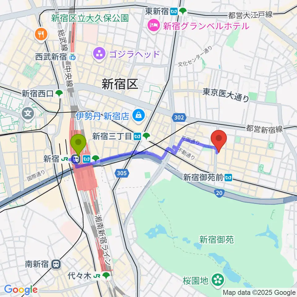 新宿駅から御苑音楽スタジオへのルートマップ地図
