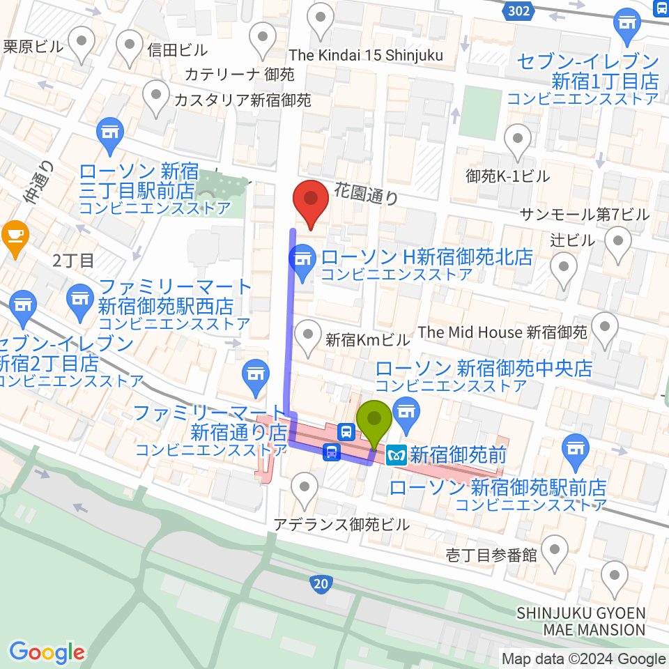 御苑音楽スタジオの最寄駅新宿御苑前駅からの徒歩ルート（約3分）地図