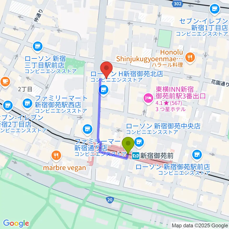 御苑音楽スタジオの最寄駅新宿御苑前駅からの徒歩ルート（約3分）地図