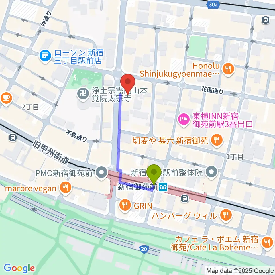 御苑音楽スタジオの最寄駅新宿御苑前駅からの徒歩ルート（約3分）地図
