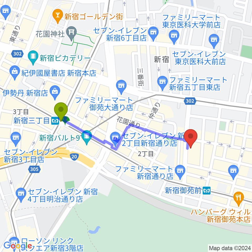 新宿三丁目駅から御苑音楽スタジオへのルートマップ地図