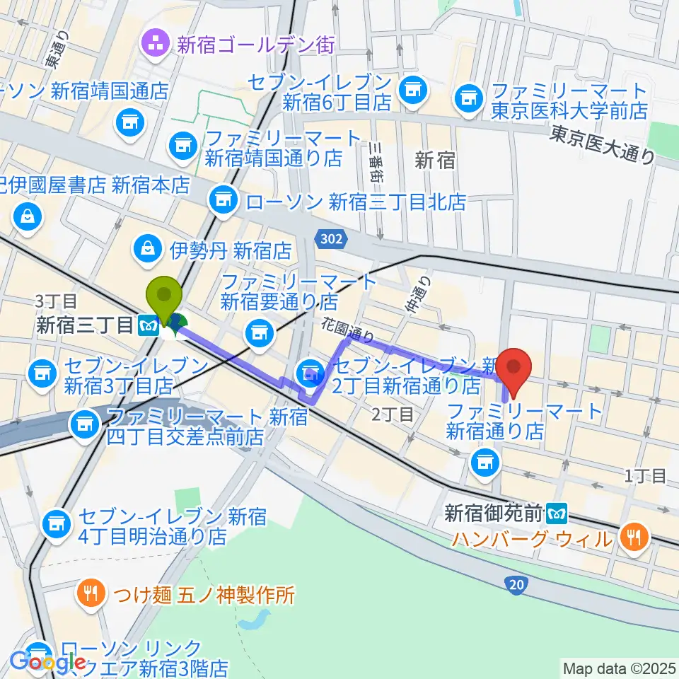 新宿三丁目駅から御苑音楽スタジオへのルートマップ地図