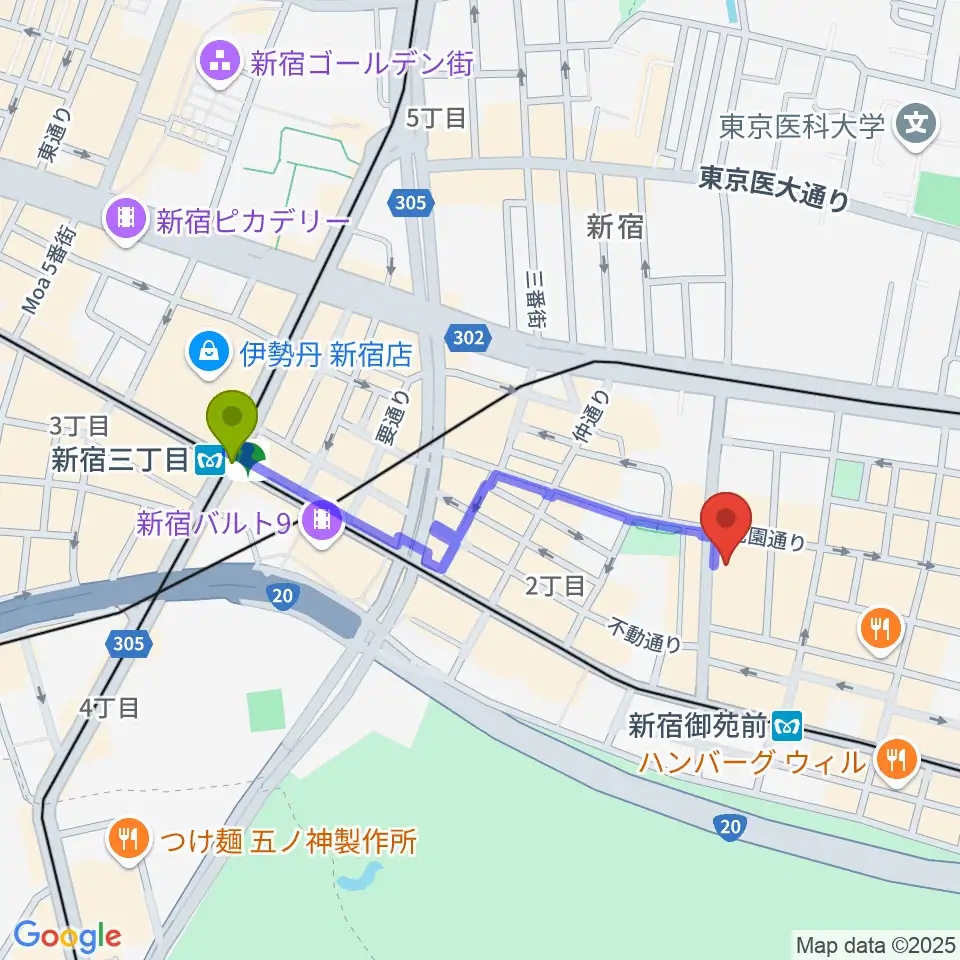 新宿三丁目駅から御苑音楽スタジオへのルートマップ地図