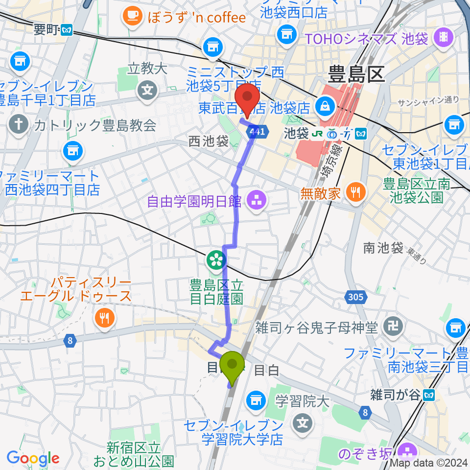 目白駅から池袋フィールドへのルートマップ地図