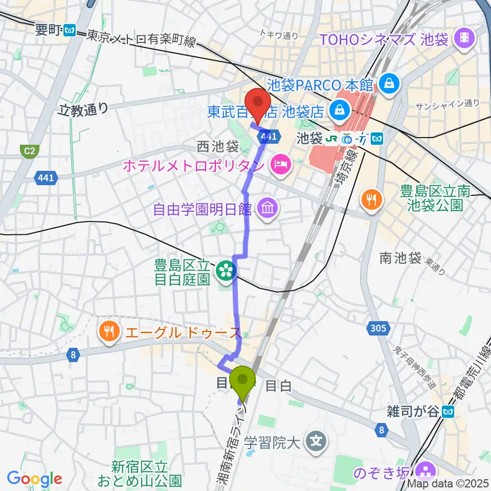 目白駅から池袋フィールドへのルートマップ地図