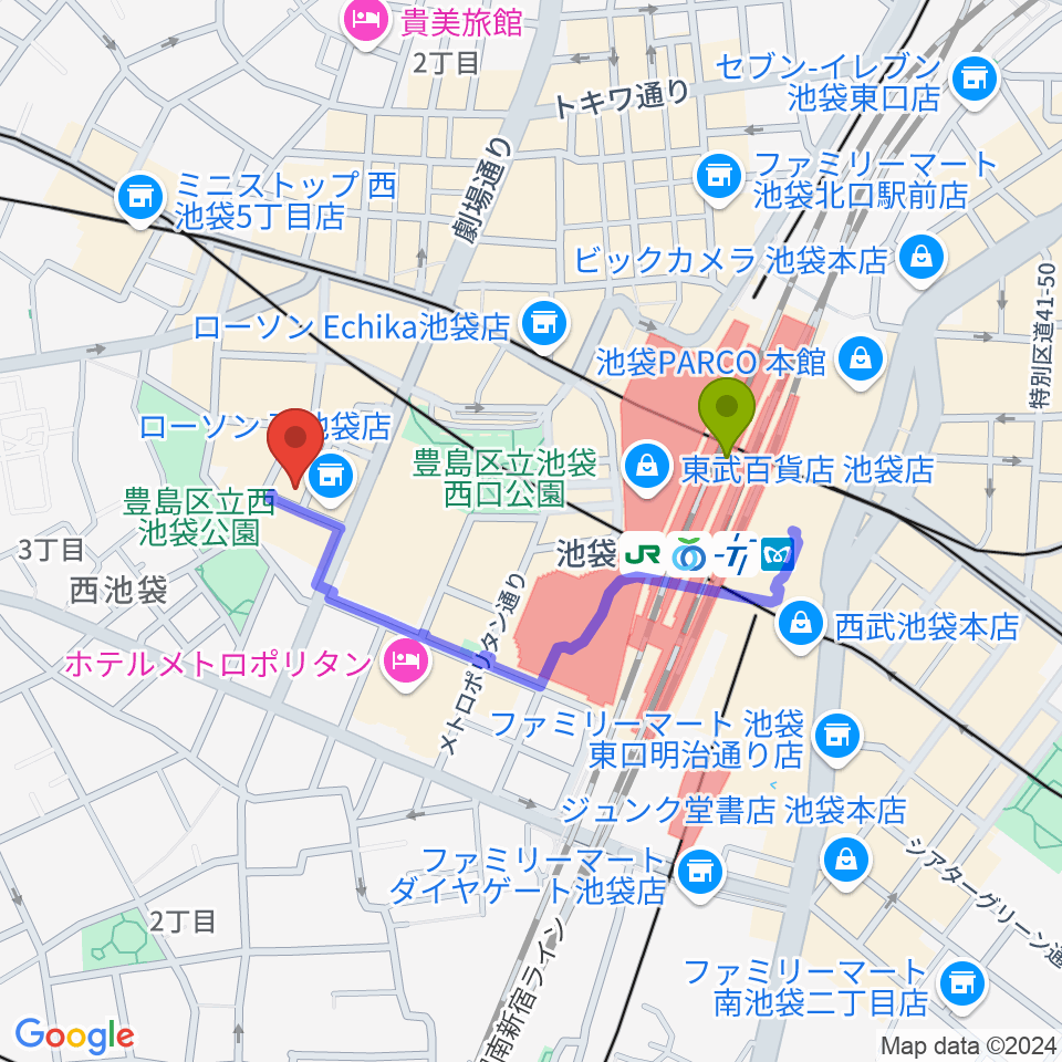 池袋フィールドの最寄駅池袋駅からの徒歩ルート（約6分）地図