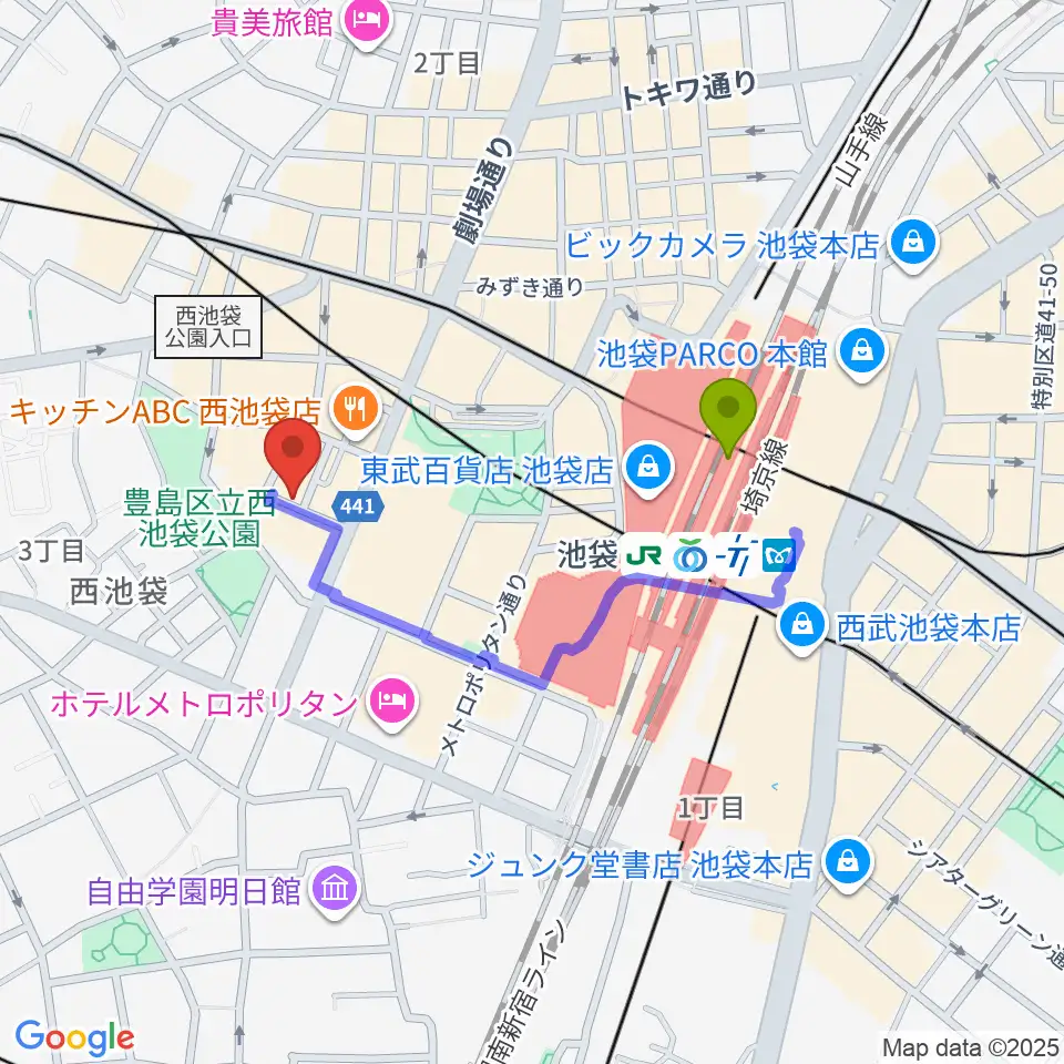 池袋フィールドの最寄駅池袋駅からの徒歩ルート（約6分）地図