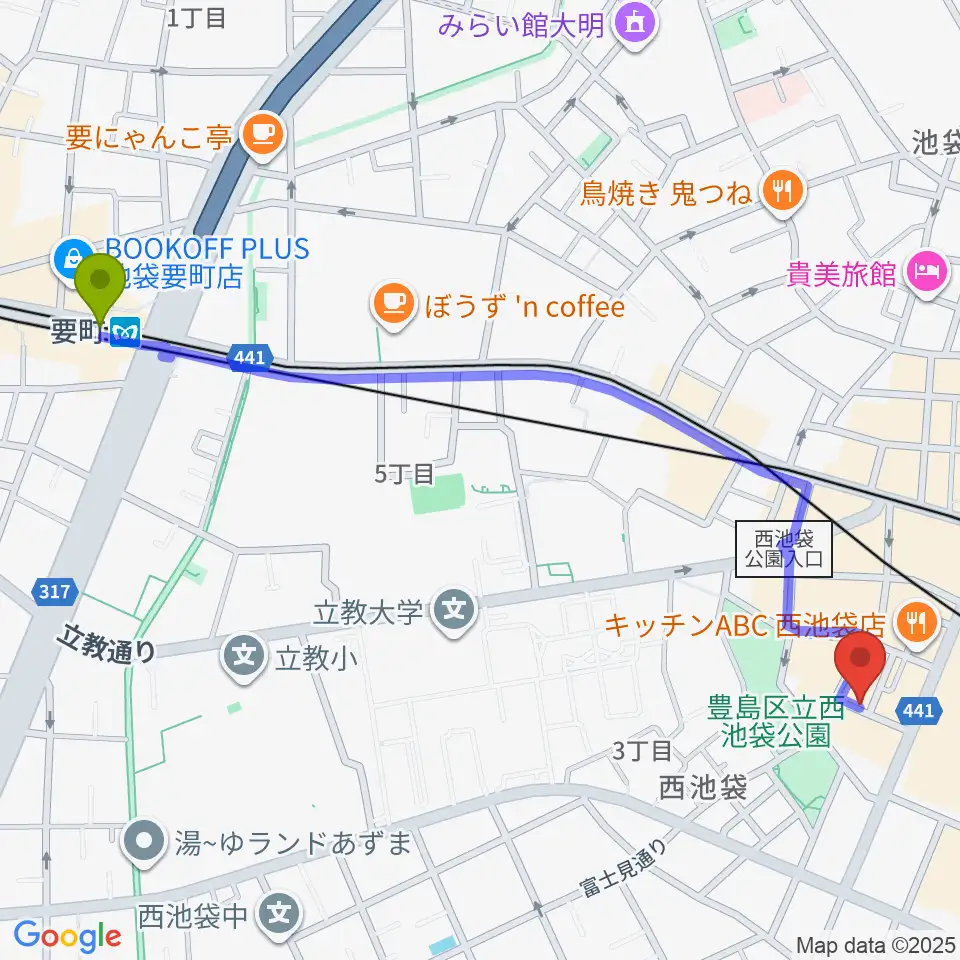 要町駅から池袋フィールドへのルートマップ地図