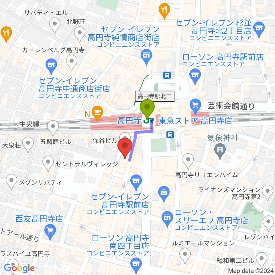 高円寺スタジオドムの最寄駅高円寺駅からの徒歩ルート（約1分）地図