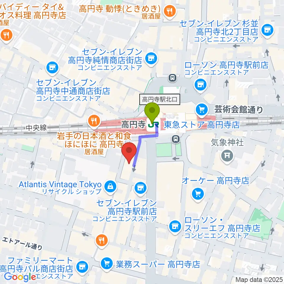高円寺スタジオドムの最寄駅高円寺駅からの徒歩ルート（約1分）地図