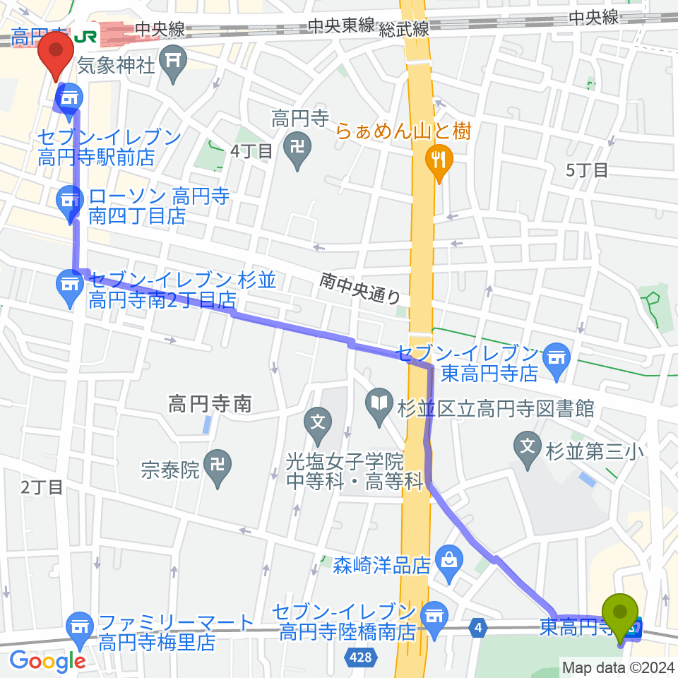 東高円寺駅から高円寺スタジオドムへのルートマップ地図