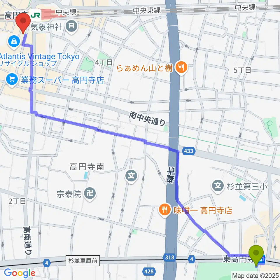 東高円寺駅から高円寺スタジオドムへのルートマップ地図