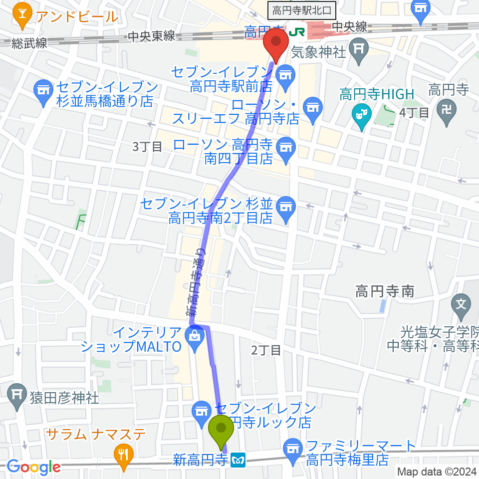 新高円寺駅から高円寺スタジオドムへのルートマップ地図