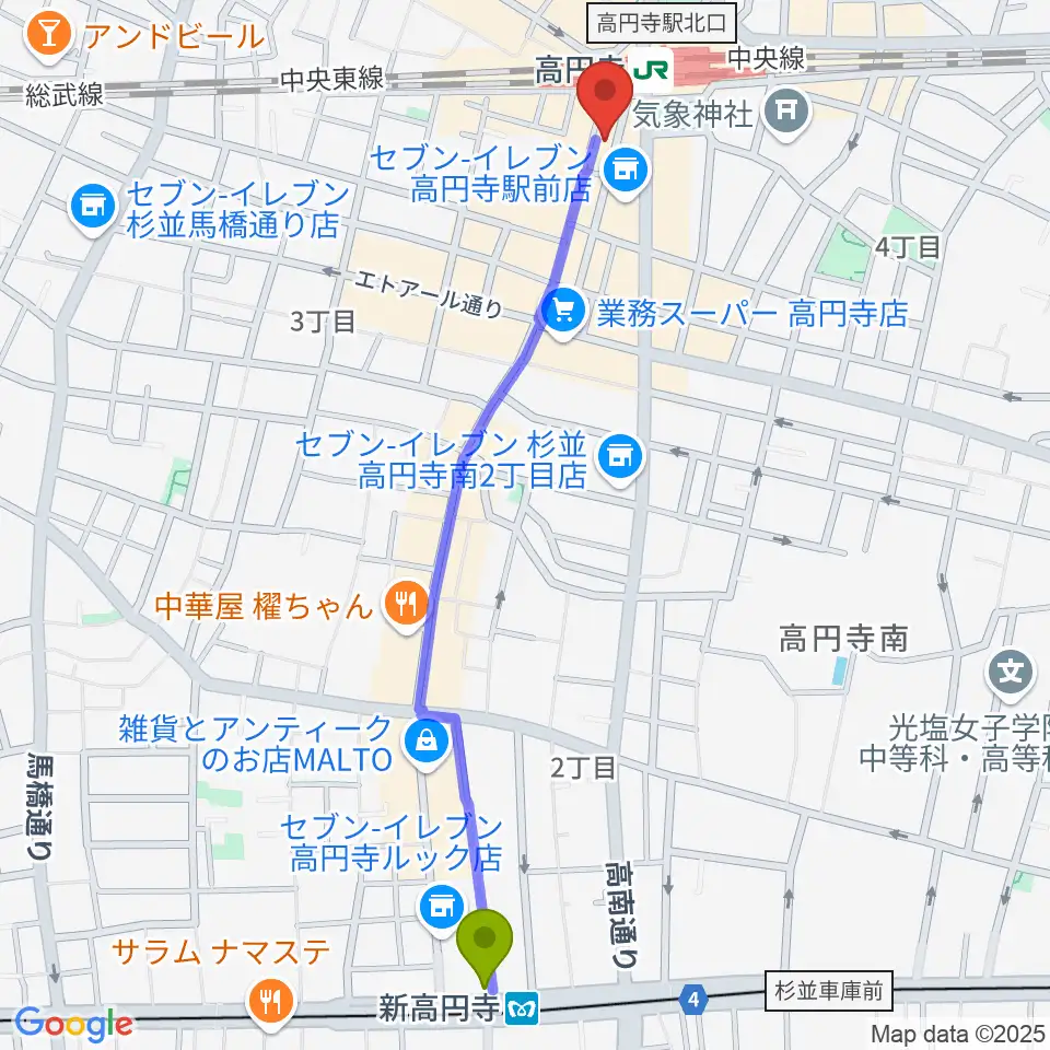 新高円寺駅から高円寺スタジオドムへのルートマップ地図