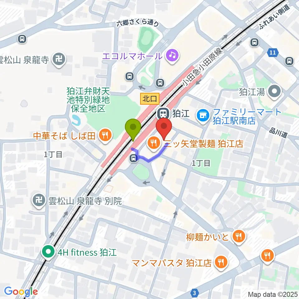 狛江スタジオBEN辿（ベンテン）の最寄駅狛江駅からの徒歩ルート（約1分）地図