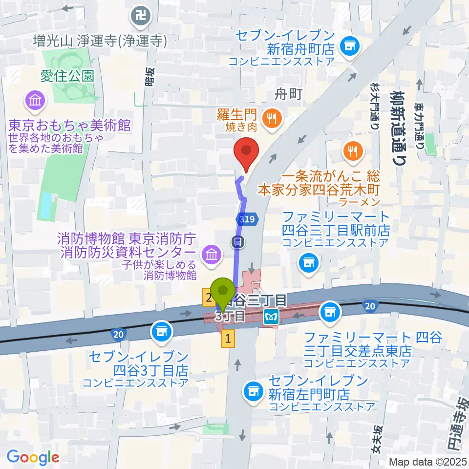 四谷ソケースロックの最寄駅四谷三丁目駅からの徒歩ルート（約2分）地図