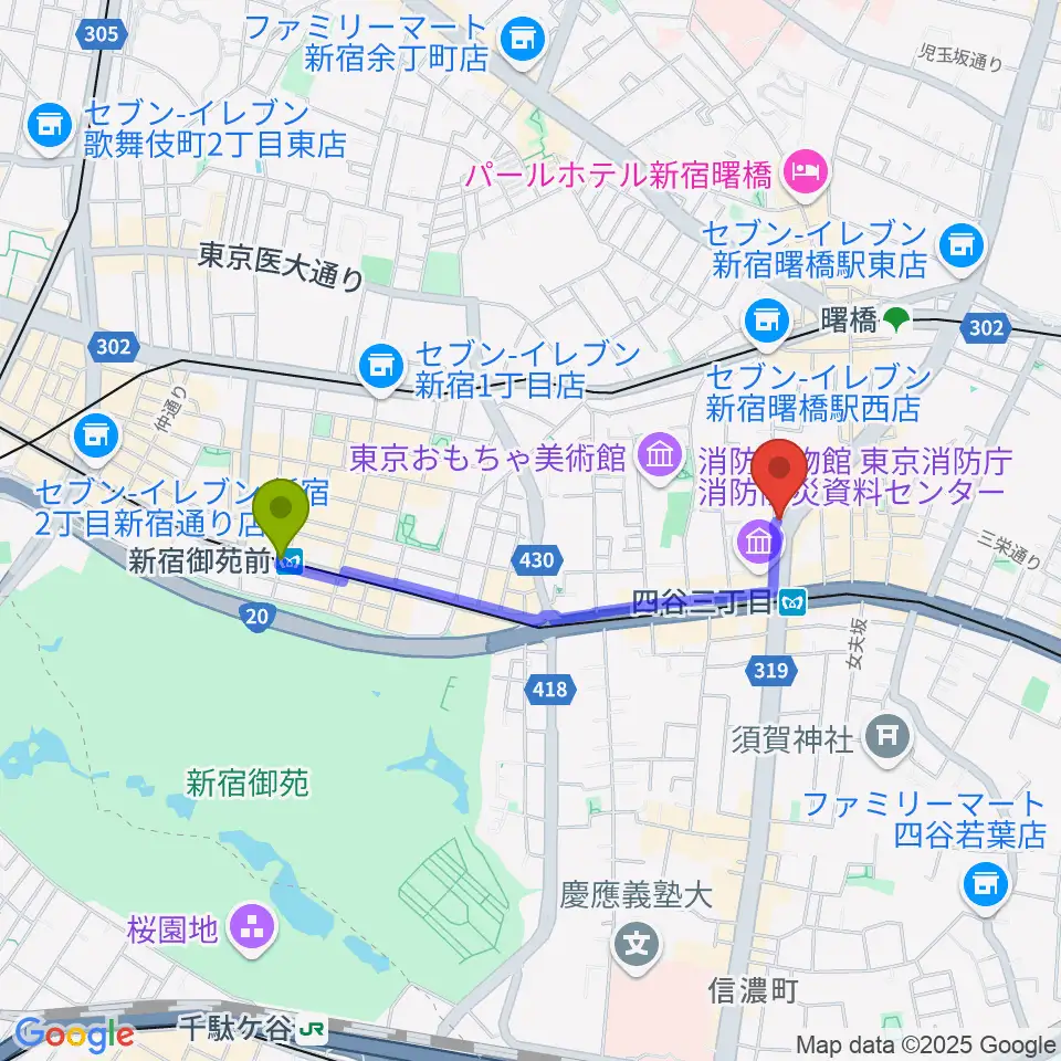 新宿御苑前駅から四谷ソケースロックへのルートマップ地図