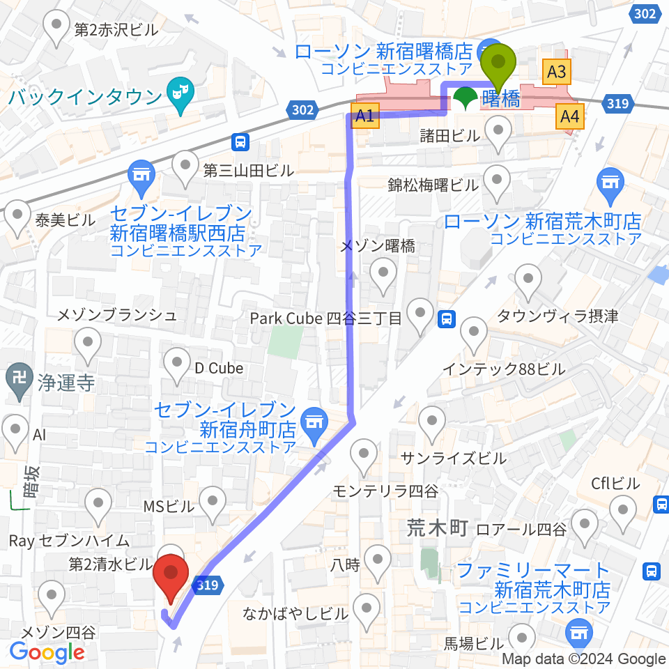 曙橋駅から四谷ソケースロックへのルートマップ地図