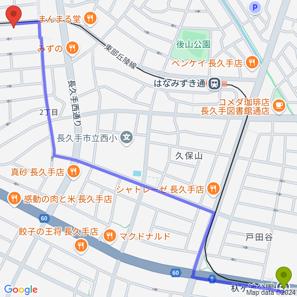 杁ヶ池公園駅からウィークエンドスタジオへのルートマップ地図