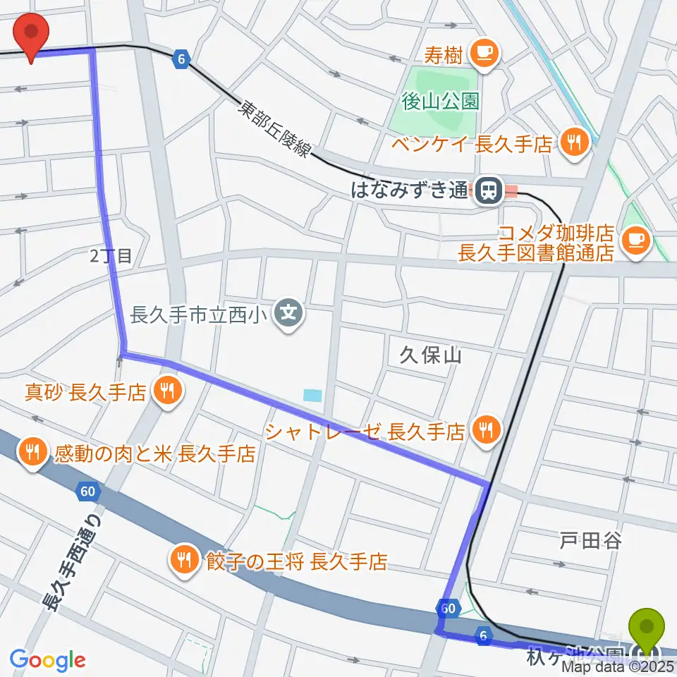 杁ヶ池公園駅からウィークエンドスタジオへのルートマップ地図
