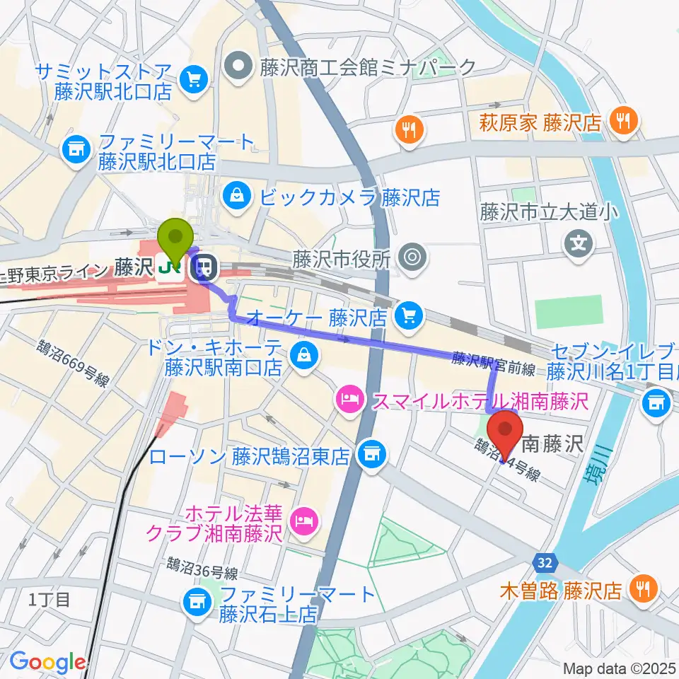 スタジオライトスタッフの最寄駅藤沢駅からの徒歩ルート（約9分）地図