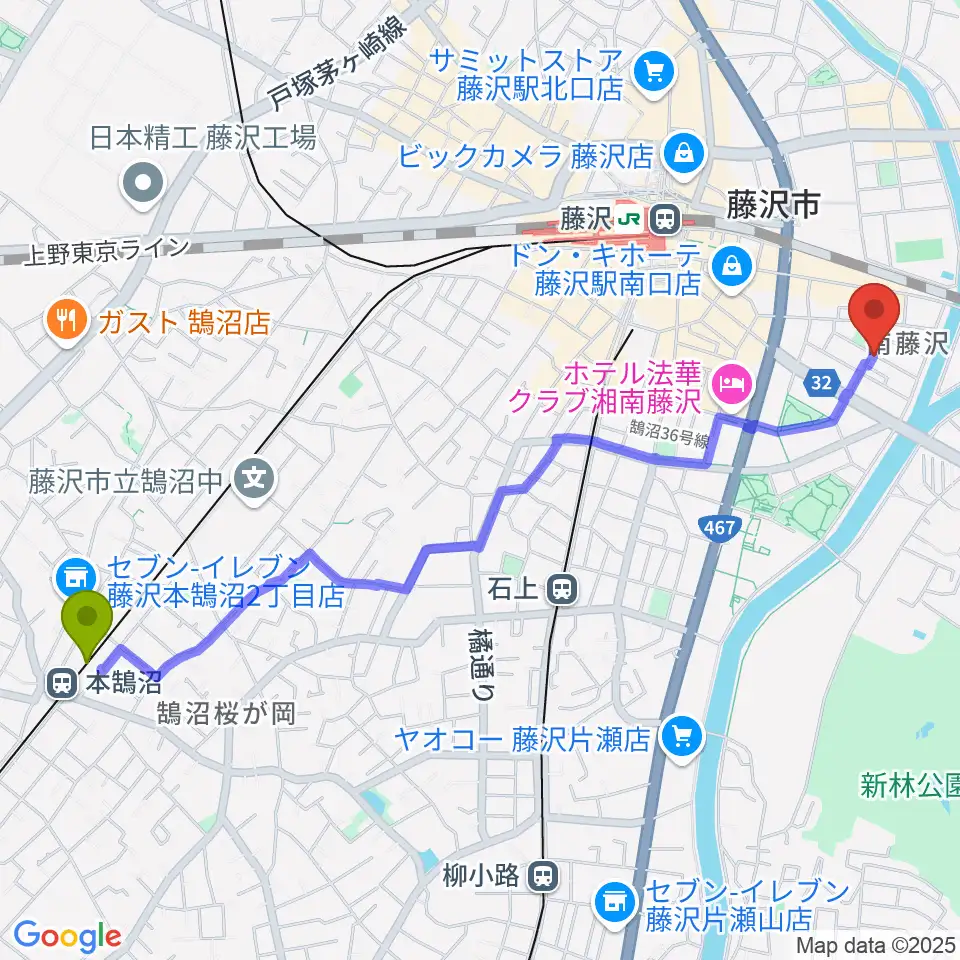 本鵠沼駅からスタジオライトスタッフへのルートマップ地図