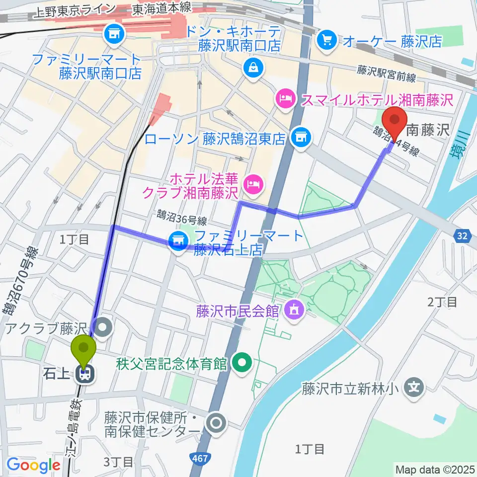 石上駅からスタジオライトスタッフへのルートマップ地図