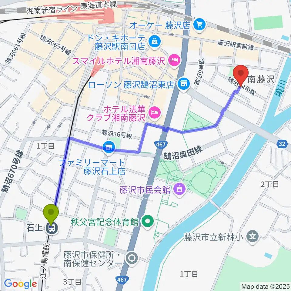 石上駅からスタジオライトスタッフへのルートマップ地図