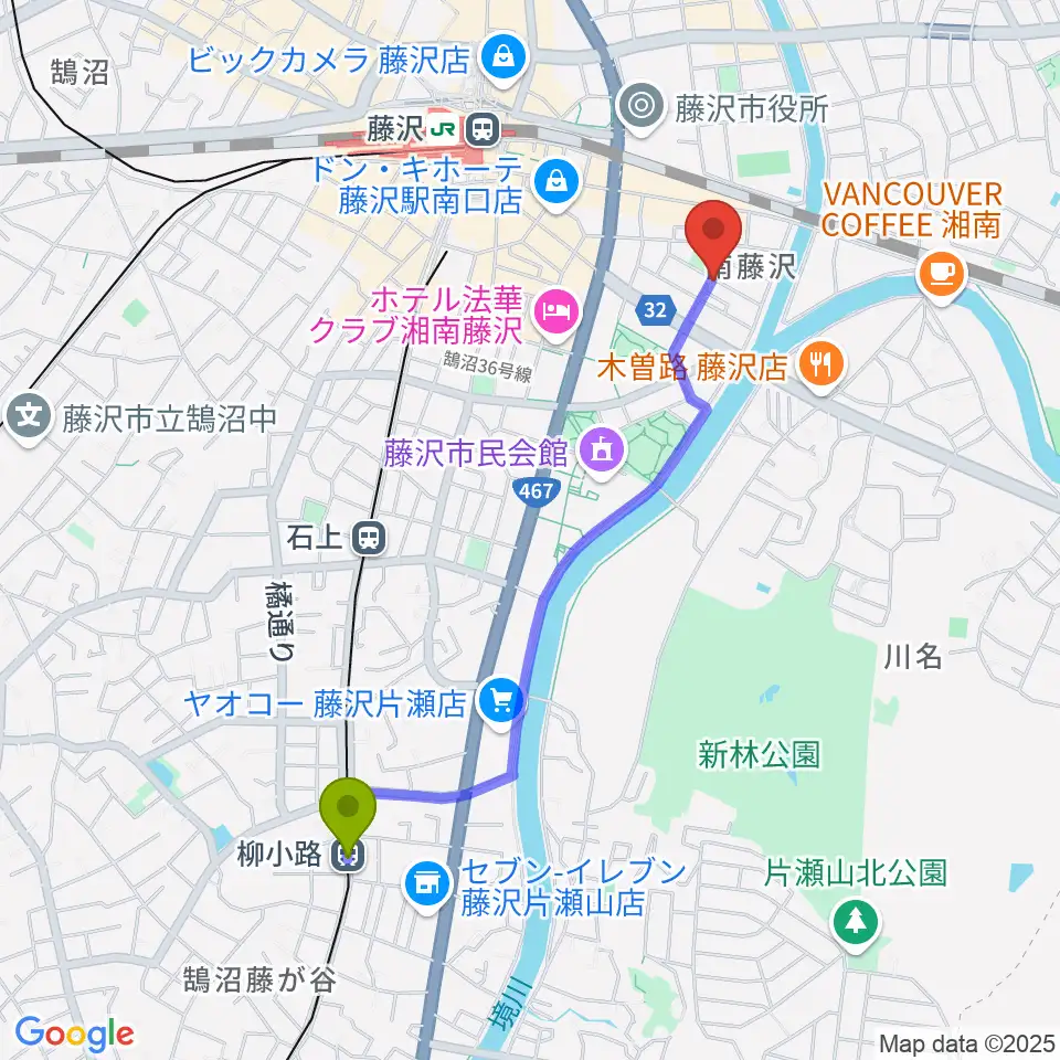 柳小路駅からスタジオライトスタッフへのルートマップ地図