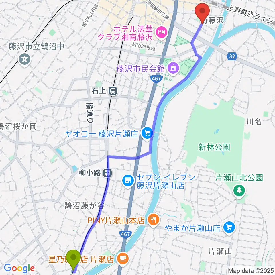 鵠沼駅からスタジオライトスタッフへのルートマップ地図