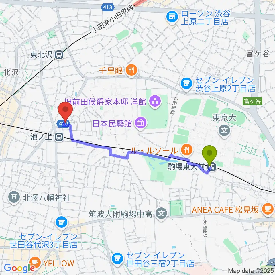 駒場東大前駅からタカギズ・ホームへのルートマップ地図