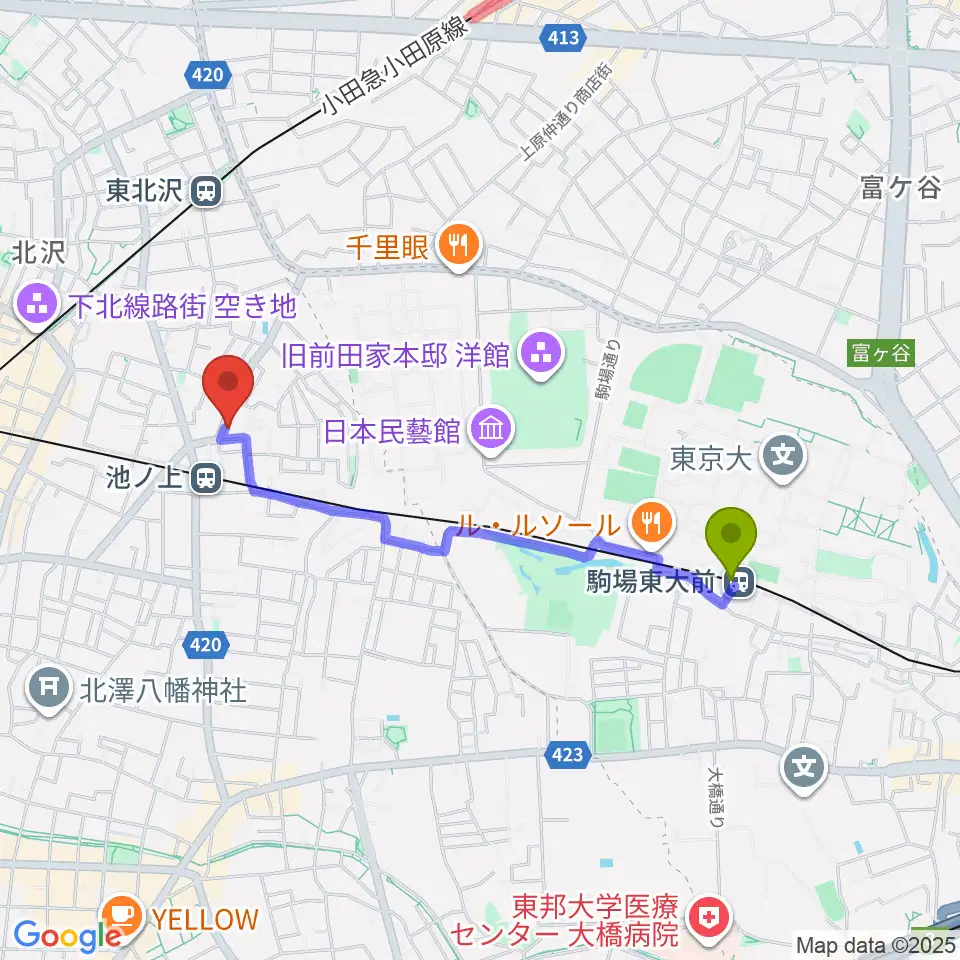 駒場東大前駅からタカギズ・ホームへのルートマップ地図