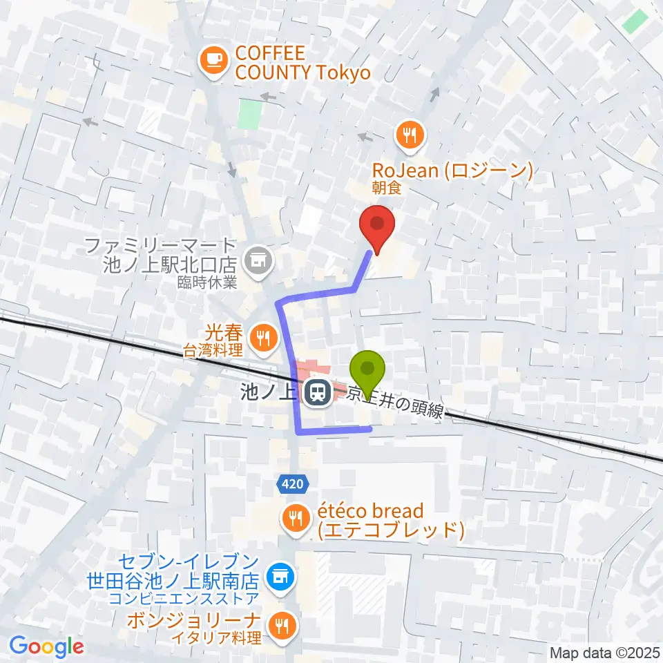 タカギズ・ホームの最寄駅池ノ上駅からの徒歩ルート（約2分）地図