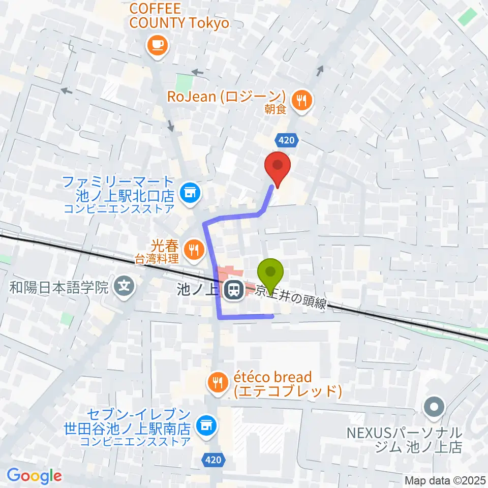 タカギズ・ホームの最寄駅池ノ上駅からの徒歩ルート（約2分）地図